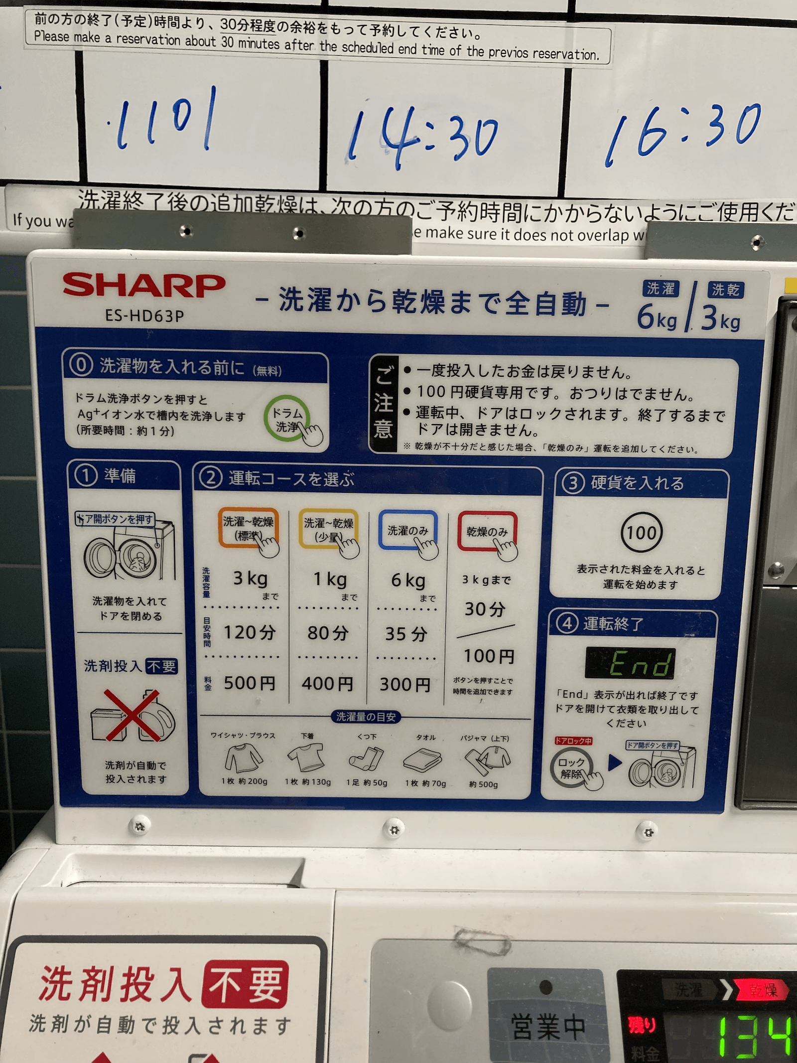 洗濯量と料金表